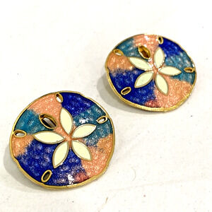 Vintage clip on earrings goldtone rounds pink & blue enamel beachy sand dollars